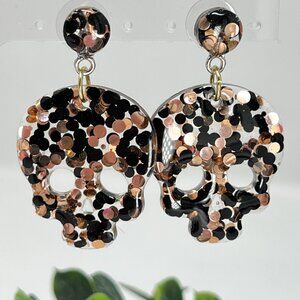 Black Gold Skull Glitter Resin Dangle Earrings - Halloween Trendy Statement